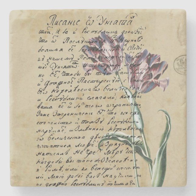 Handwriting and Tulips Vintage Art Design Steinuntersetzer (Vorderseite)