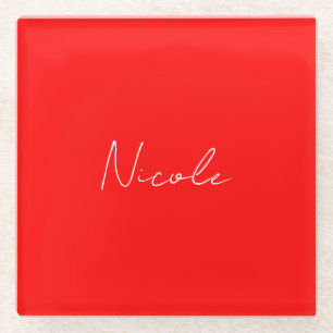 Handwriting Eleganter Name Rot Weiße Farbe Schlich Glasuntersetzer
