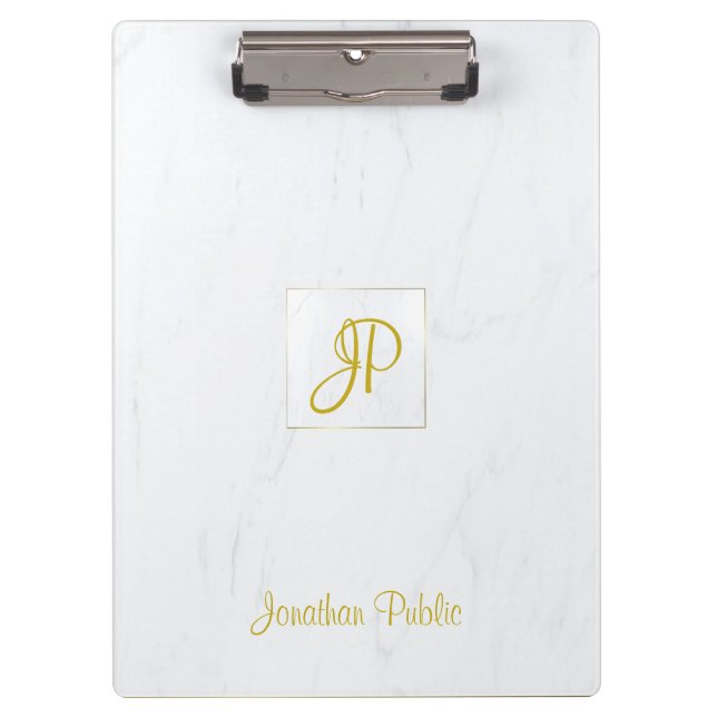 Handwriting Gold Monogram Moderne Elegante Marmor Klemmbrett (Vorderseite)