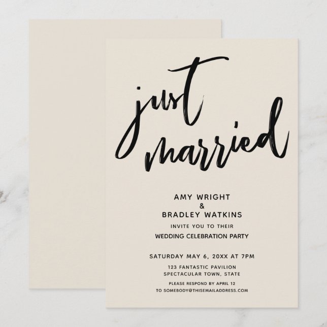 Handwriting Just Married Cream Hochzeit Empfang Einladung (Vorne/Hinten)