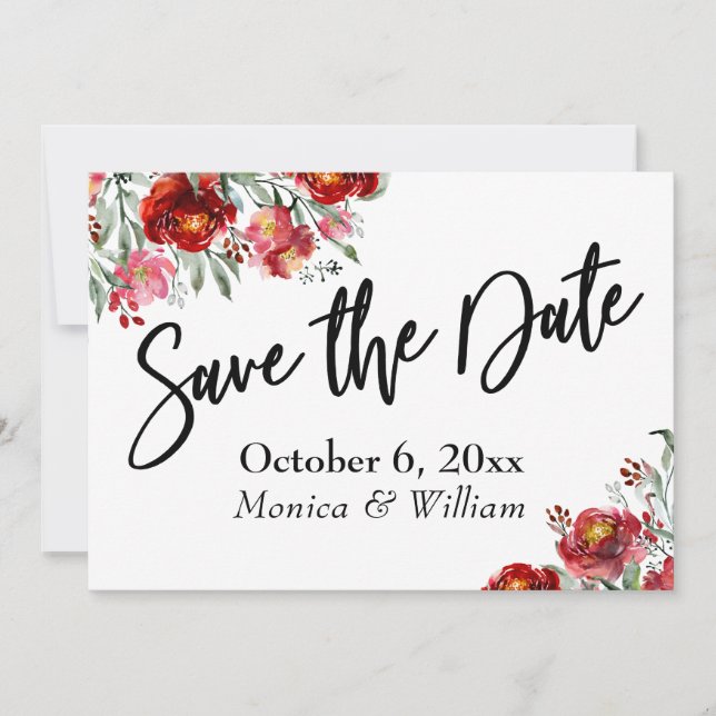 Handwriting Save the Date Burgundy Red Blume (Vorderseite)