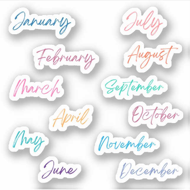 Handwriting Script Rainbow Months of the Year Aufkleber (Vorderseite)
