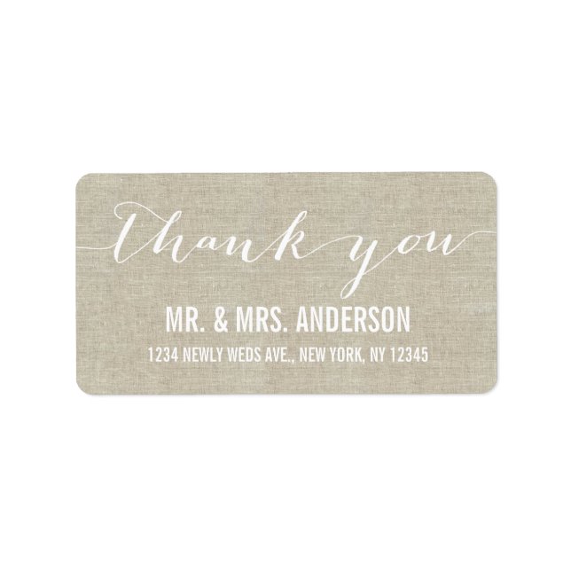 Handwriting Script Wedding Danke Beige Linen Adressaufkleber (Vorne)