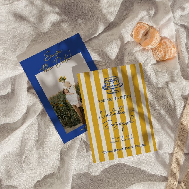 Handwritten Blue Yellow Italian Photo Wedding Save The Date (Von Creator hochgeladen)