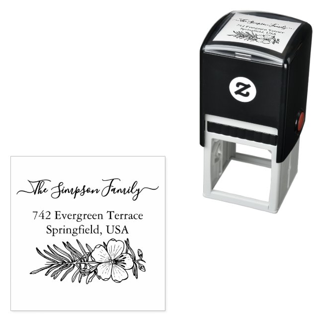 Handwritten Family Address Stamp with Wildflowers Permastempel (Beispiel)
