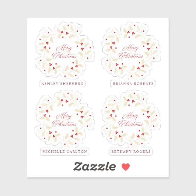 Handwritten Merry Christmas Holly Branches Wreath Aufkleber (Blatt)