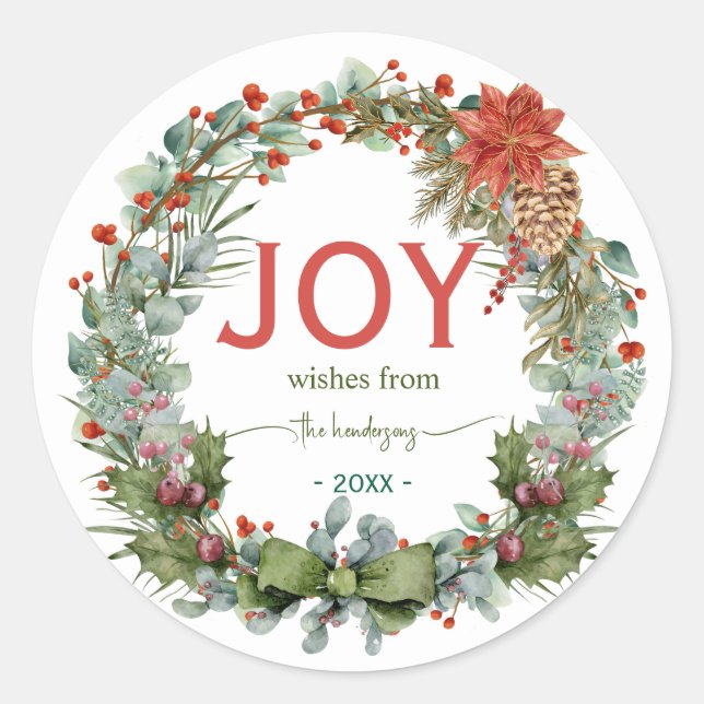 Handwritten Script Christmas Joy Wreath Name Green Runder Aufkleber (Vorderseite)