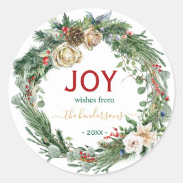 Handwritten Script Christmas Joy Wreath Name Runder Aufkleber