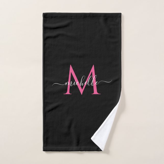Handwritten Script Name Black and Pink Monogram Handtuch (Handtuch)