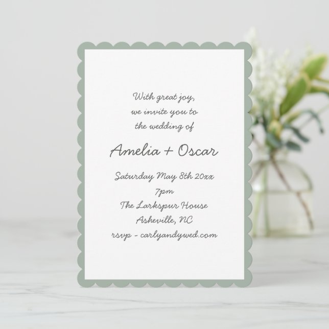 Handwritten Script Whimsy Sage Green Wedding Einladung (Stehend Vorderseite)