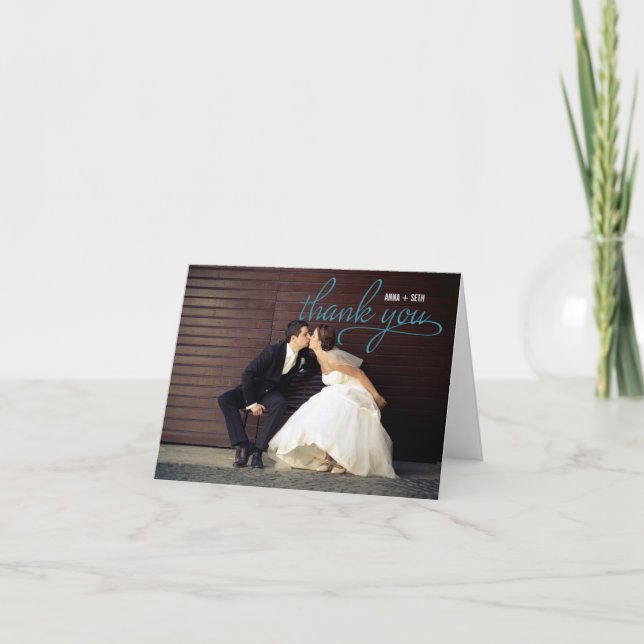 HANDWRITTEN Wedding Thank You Foto Card - Blue Dankeskarte (Vorderseite)