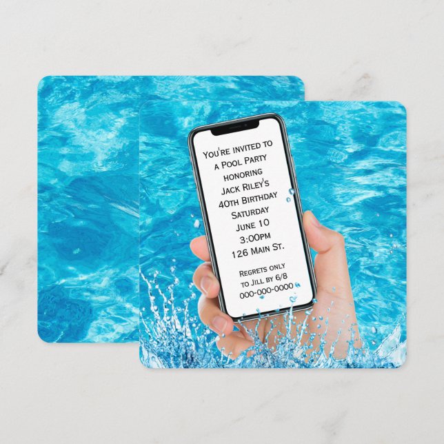 Handy Text 40. Geburtstag Pool Party Einladung (Vorne/Hinten)