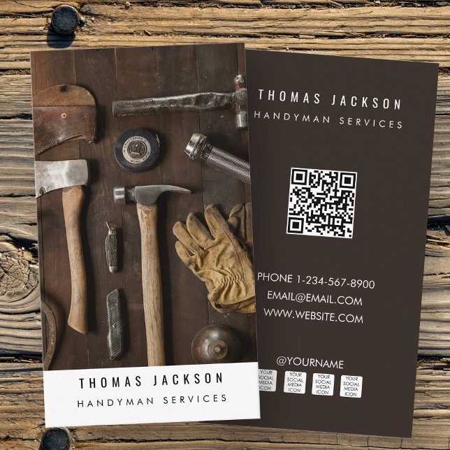 Handyman Carpenter Tools Foto QR Code Visitenkarte (Handyman Carpenter Tools Photo QR Code Business Card)