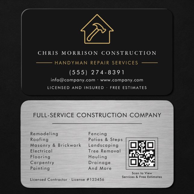 Handyman Construction QR-Code Silber Metallic Visitenkarte (Von Creator hochgeladen)