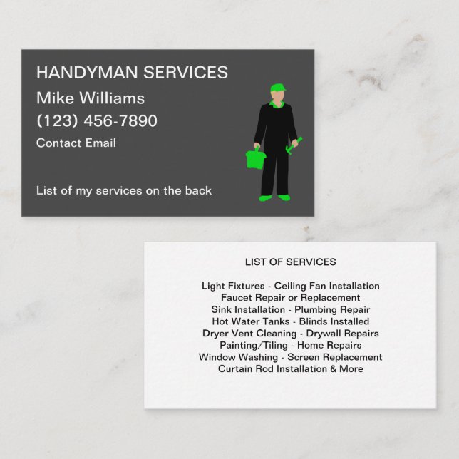 Handyman Services Business Cards Liste der Service Visitenkarte (Vorne/Hinten)