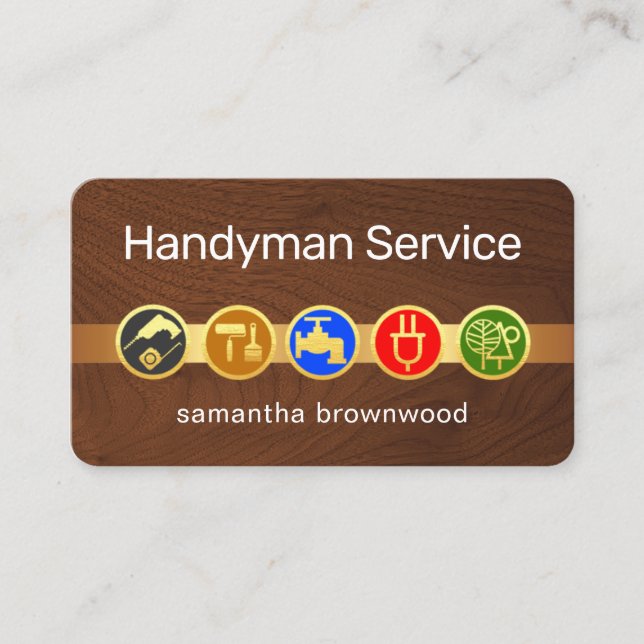 Handyman Tool Icons On Gold Tab Timber Wood Visitenkarte (Vorderseite)