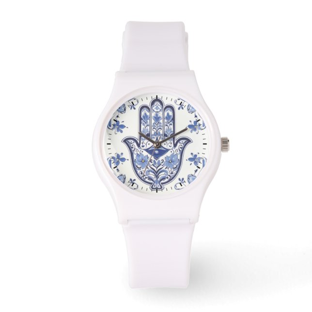 Handzeichen Hamsa - Blau und Weiße Hand Fatima Armbanduhr (Vorderseite)