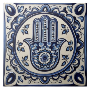 Handzeichen Hamsa - Blau und Weiße Hand Fatima Fliese