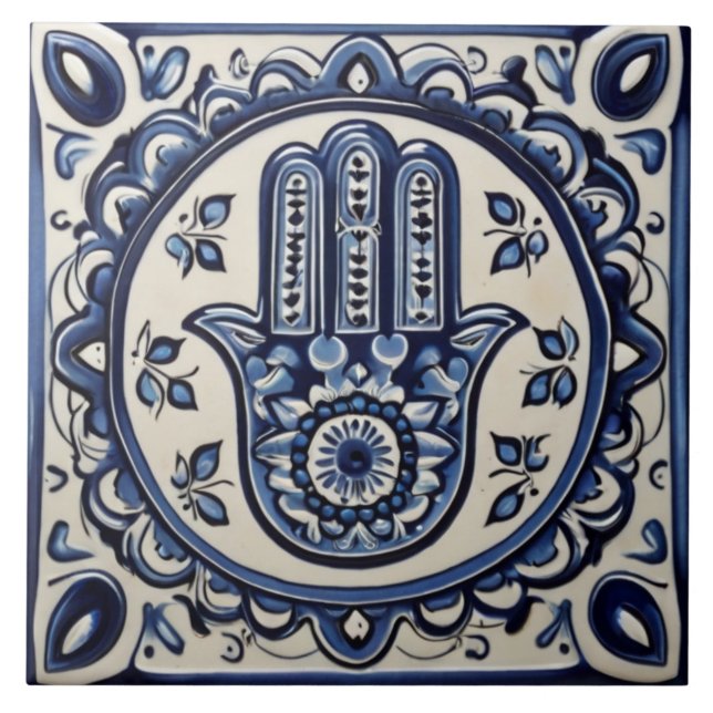Handzeichen Hamsa - Blau und Weiße Hand Fatima Fliese (Vorderseite)