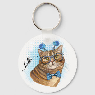 Handzeichnend Tabby-Katze in Gläsern Papiertüte Schlüsselanhänger