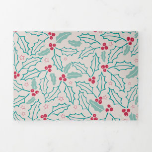 Handzeichnung Weihnachten Holly Berries Red Green Dreifach Gefaltete Urlaubskarte