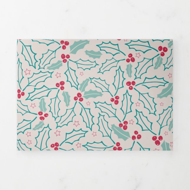 Handzeichnung Weihnachten Holly Berries Red Green Dreifach Gefaltete Urlaubskarte (Cover)