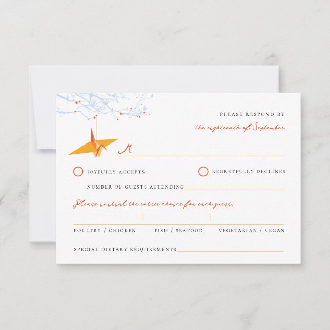 Hangami Origami Orange Paper Cranes Asiatische Hoc RSVP Karte (Vorderseite)