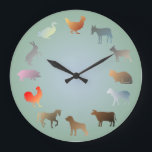 Hängebauer für Landtiere Große Wanduhr<br><div class="desc">Niedliche Nutztiere in Orange,  Grau,  Braun,  Rosa,  Gelb und Grün,  ideal für Kinderzimmer oder Kindergarten - Huhn,  Esel,  Ziege,  Katze,  Schafe,  Kuh,  Hund,  Pferd,  Hahn,  Schwein,  Kaninchen und Ente.</div>