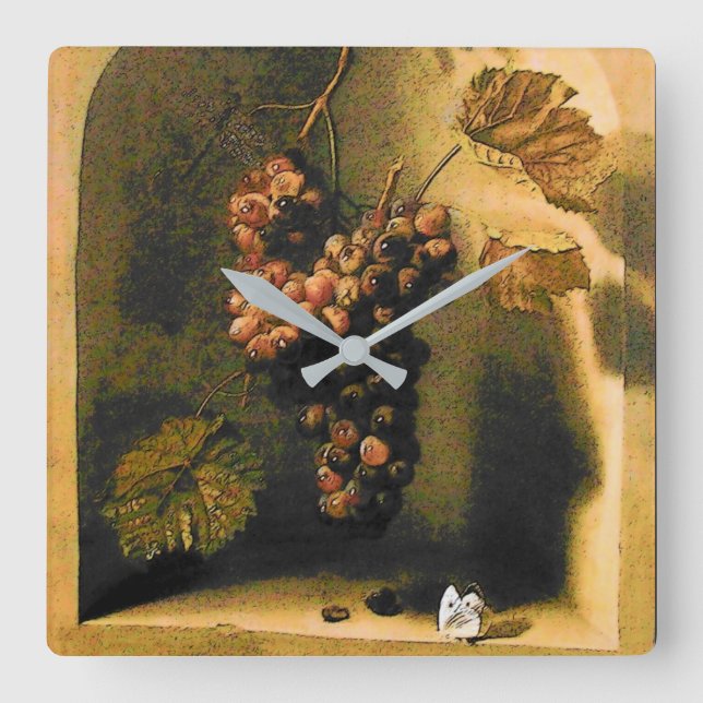 HANGED GRAPES WALL NICHE ,BUTTERFLY Brown Rustic Quadratische Wanduhr (Vorderseite)
