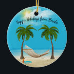 Hängematte am Tropical Beach Keramik Ornament<br><div class="desc">Hängematte zwischen zwei Palmen mit Seestern,  Cocktail-Drink und Flip-Flops auf dem Strand Sand mit Wolken.</div>