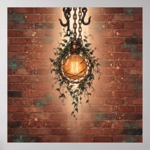Hängende Edison-Glühbirne Efeu Backsteinwand Poste Poster