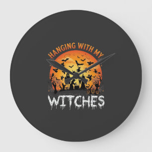 Hängende Hexen Halloween Mond Fledermäuse Kürbisse Große Wanduhr