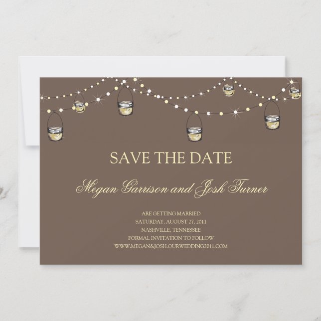 Hängende Mason-Gläser an einer Lichterkette STD Save The Date (Vorderseite)