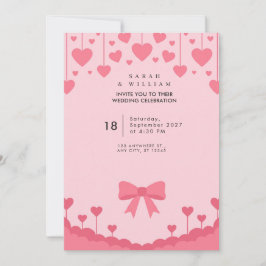 Hängende rosa Herzen Pastell-Schleife Hochzeitsein Einladung