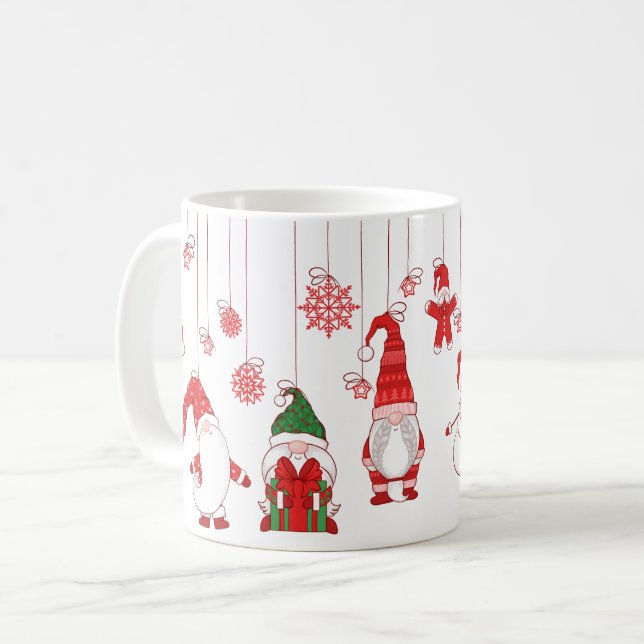 Hängende Weihnachtsgnome & Schneeflocken Kaffeetasse (Vorderseite Links)