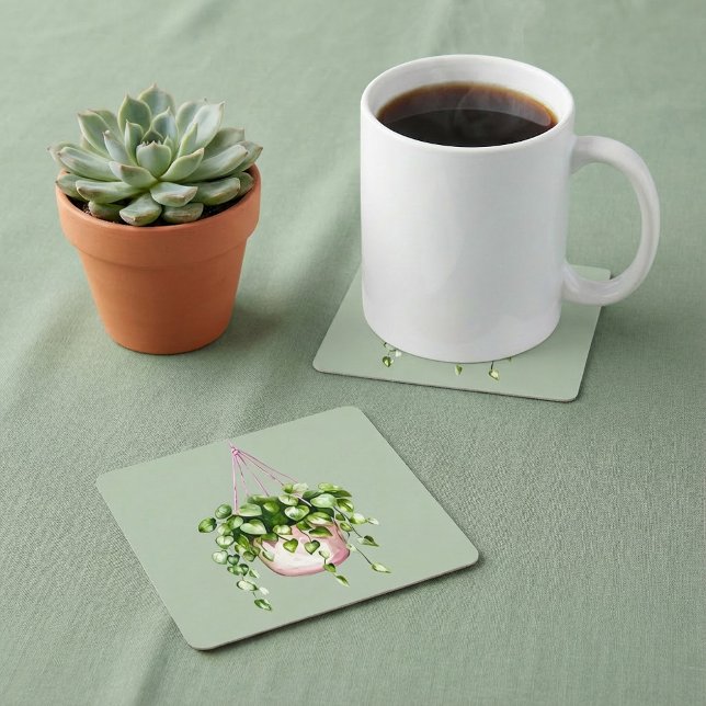 Hanging Basket Greenery Watercolor Rechteckiger Pappuntersetzer (Hanging Basket Greenery Watercolor Square Paper Coaster.)