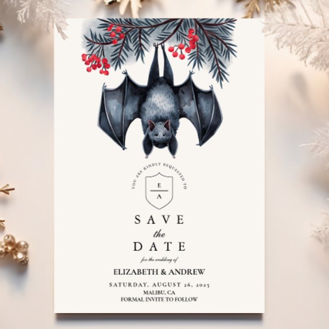 Hanging Bat Gothic Winter Wedding Save The Date (Von Creator hochgeladen)