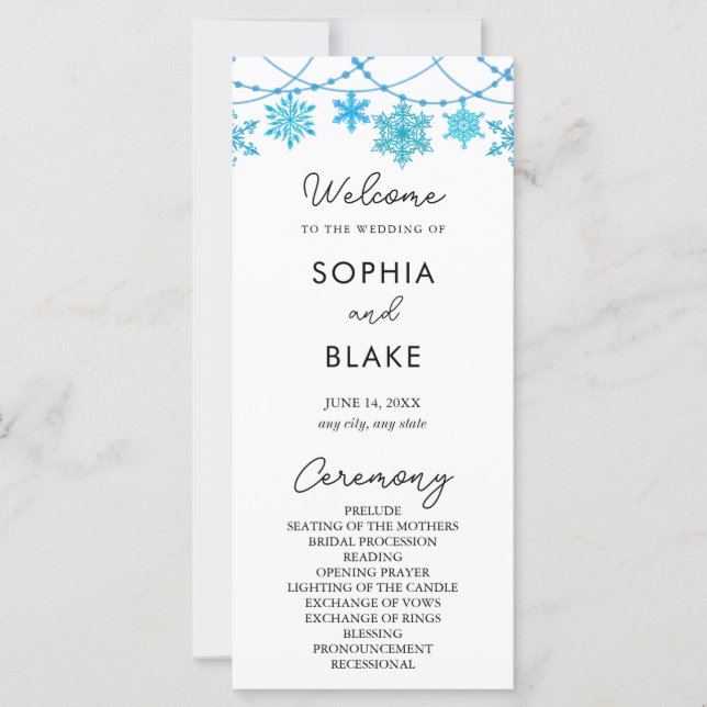 Hanging Blue Snowflakes White Wedding Programm (Vorderseite)