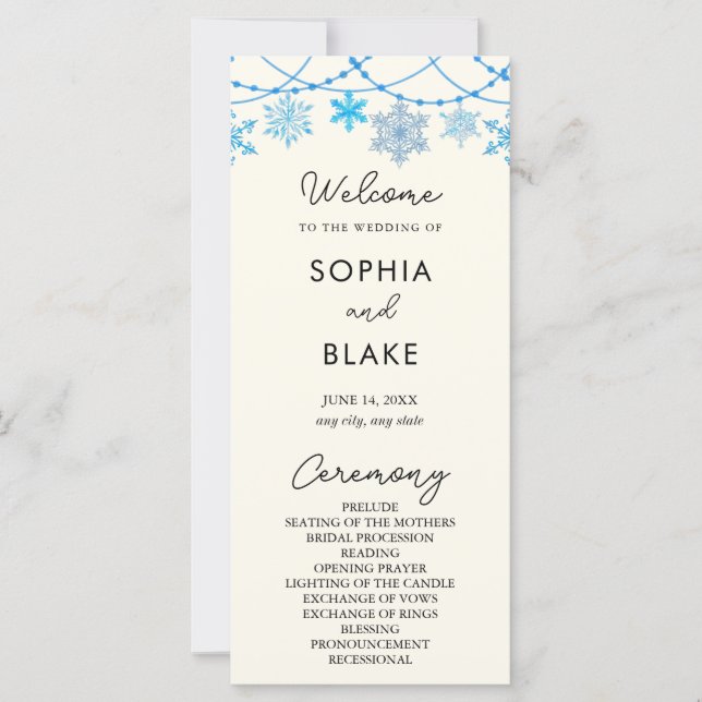 Hanging Blue Snowflakes Yellow Wedding Program (Vorderseite)