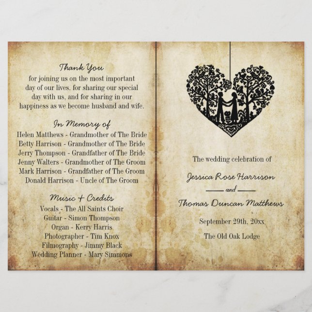 Hanging Heart Tree Vintage Wedding Bi-Fold Program (Vorderseite)