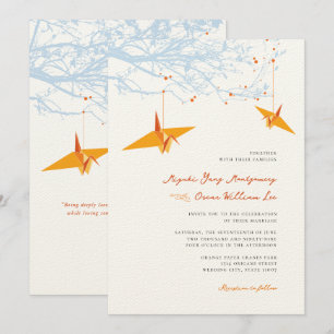 Hanging Orange Origami Cranes & Love Quote Wedding Einladung