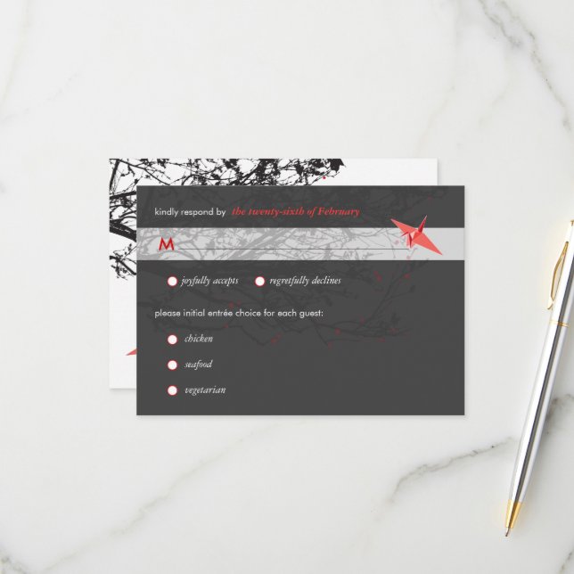 Hanging Origami Paper Cranes Asian Wedding RSVP Karte (Vorderseite/Rückseite Beispiel)