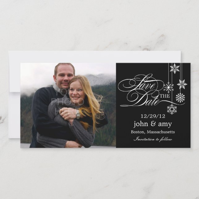 Hanging Snowflakes Save the Date Card - Schwarz (Vorderseite)