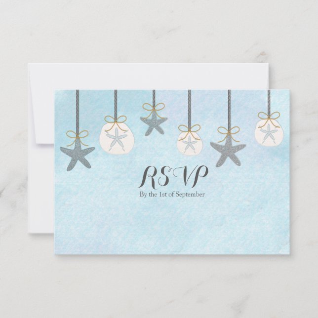 Hanging Starfish & Sand Dollar Beach RSVP-Karte Einladung (Vorderseite)