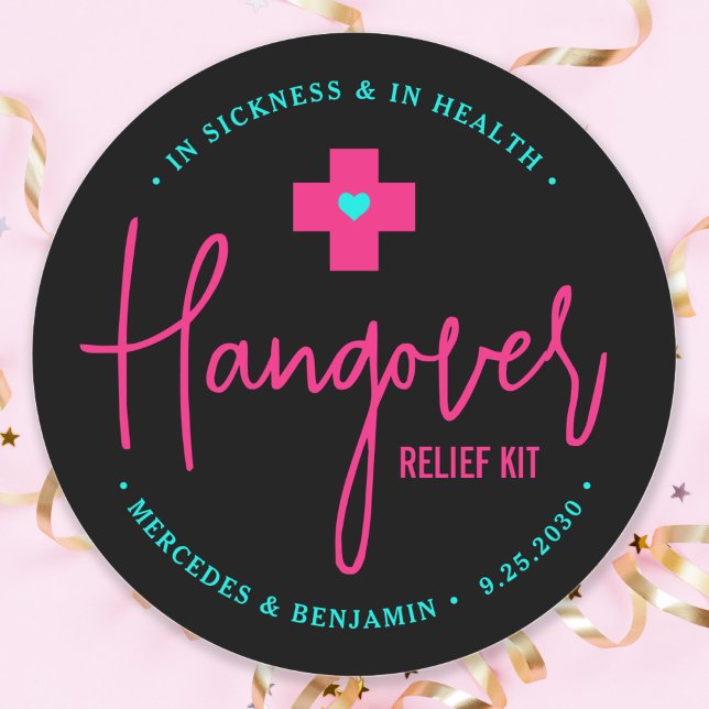Hangover Relief Kit Hot Pink Aquamarine Gastgesche Runder Aufkleber (Von Creator hochgeladen)