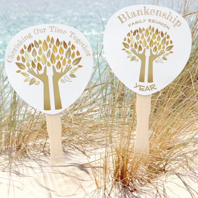 Hängt den Handlüfter für Blätter der Wiedersehen-P Fächer (Easy to personalize the front and back of this family reunion hands holding leaves tree design.)