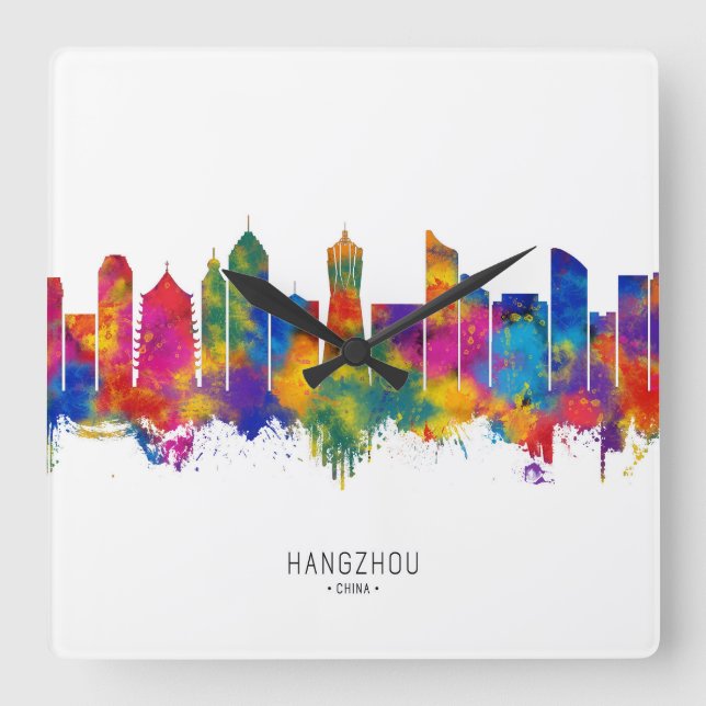 Hangzhou China Skyline Quadratische Wanduhr (Vorderseite)