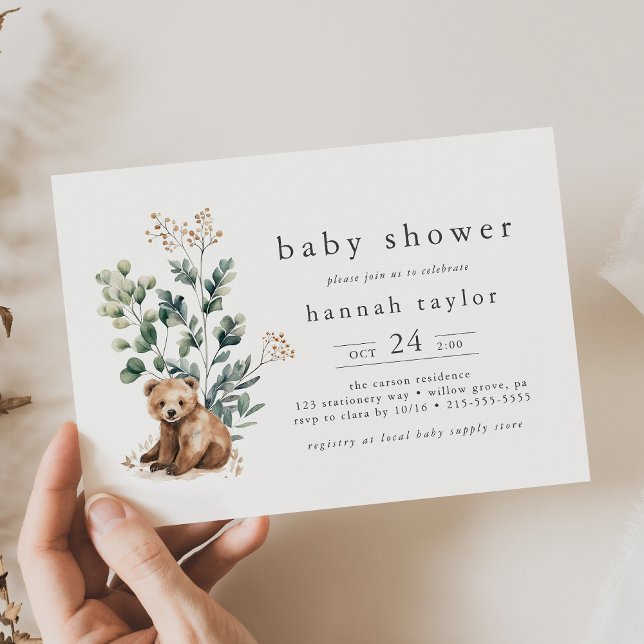 HANNAH Niedlich Boho Summer Bear Woodland Babydusc Einladung (HANNAH Cute Boho Summer Bear Woodland Baby Shower Invitation)
