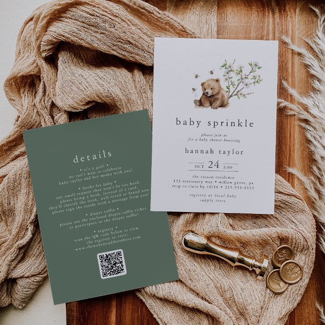 HANNAH QR Bärenblase Bee Woodland Baby Sprinkle Einladung (HANNAH QR Bear Bubble Bee Woodland Baby Sprinkle Invitation)