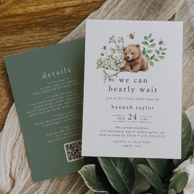 HANNAH QR Wir können frühzeitig abwarten Woodland  Einladung (HANNAH QR We Can Bearly Wait Woodland Baby Shower Invitation)